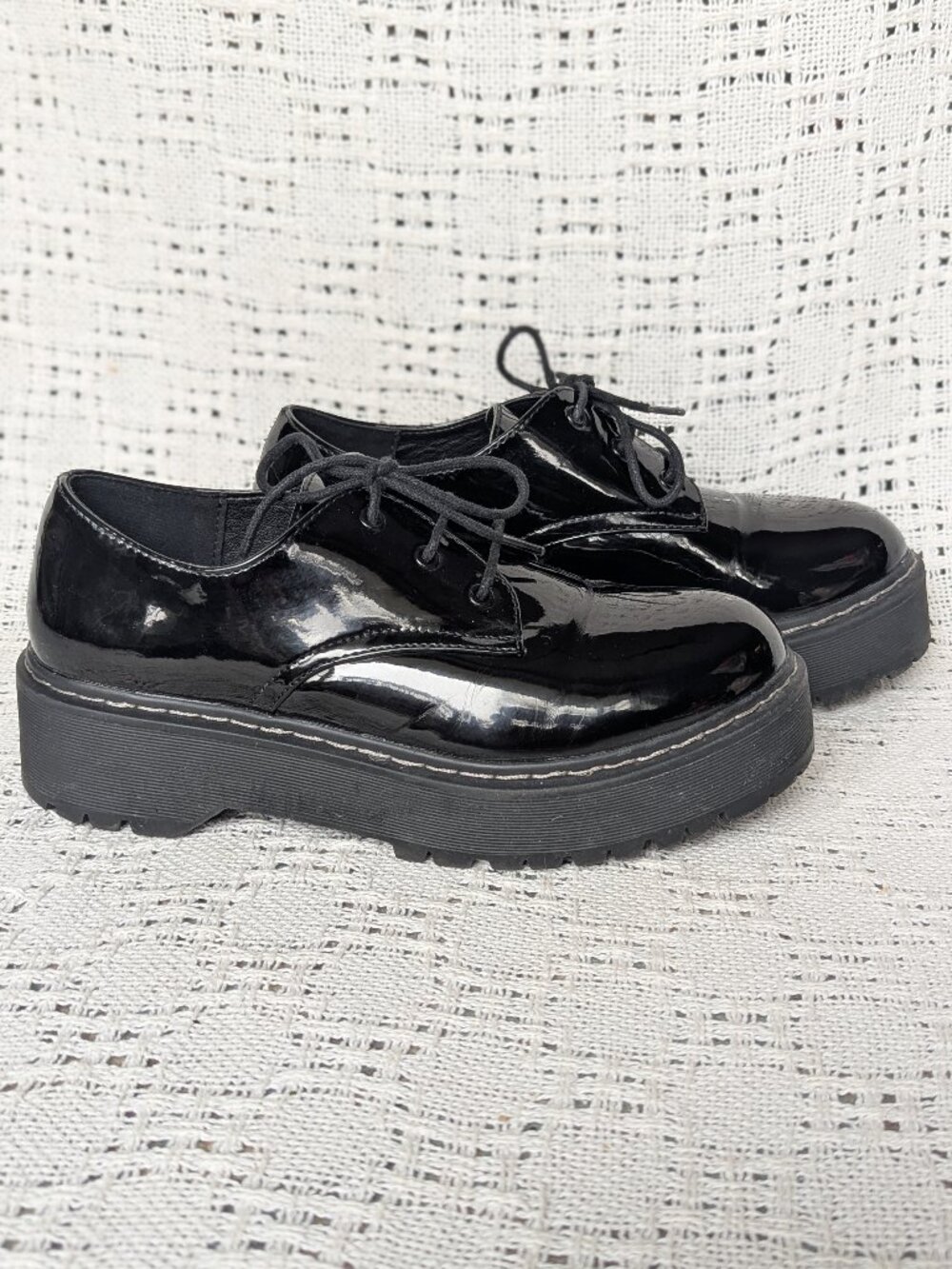 Steve Madden Brenton Black Patent Platform Oxfords Chunky Lug Sole 40EU, 9/9.5US
